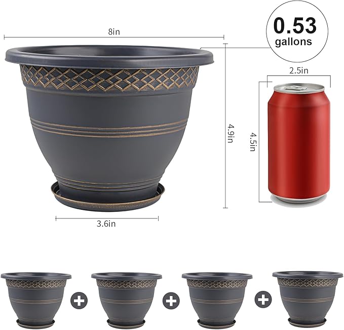Usocik 6 Pack 8 Inch Plant Pots, Plastic Flower Pot for Indoor & Outdoor with Drainage Holes & Saucer, Plaid Pattern Planters Garden Pots for Herbs