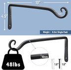 FEED GARDEN Wall Hooks for Hanging Plants 10 Inch - 2 Pack Heavy Duty Metal Plant Brackets, Holds 48 lbs, Rust Resistant Black L-Shape Hooks for Indoor Outdoor Decor