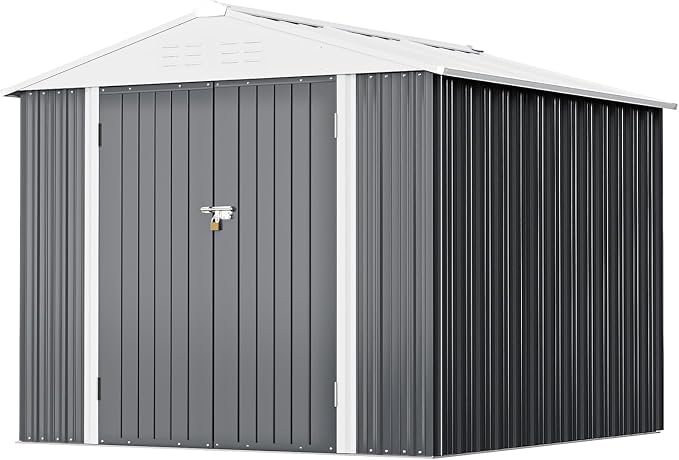 Greesum 8x6FT Outdoor Storage Shed, Utility Tool Shed with Sloping Roof, Metal Storaged Garden Shed with Door & Lock for Patio Storage, Gray