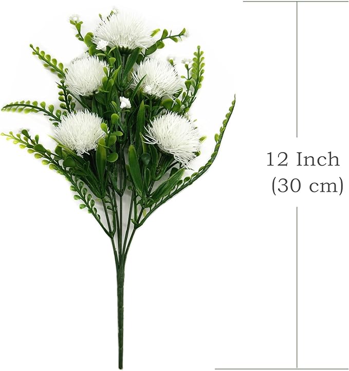 Fake White Dandelion Flowers Simulated Ball Flower Ornaments, Artificial Plant Plastic Faux Greenery Indoor Home Decor Outdoor Garden Wedding Party Christmas Vase Planter Filler DIY Decoration 4 Pack