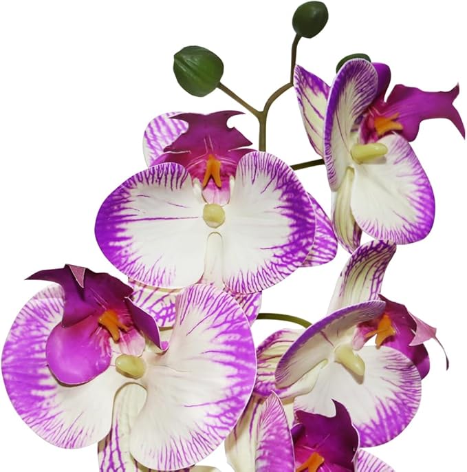 Purple Orchid Artificial Flowers 2 Stems in Grey Pot, Potted Faux Orchid Flower for Home Bathroom Table Living Room Office Kitchen Decor