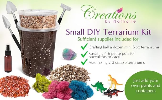 Creations by Nathalie DIY Terrarium Starter Kit - Small Terrarium Kit with Moss, Soil, Pebbles, Tools, Crystals & Figurines - Fun Gardening Craft Supplies for Adults & Teens - Handcrafted in USA