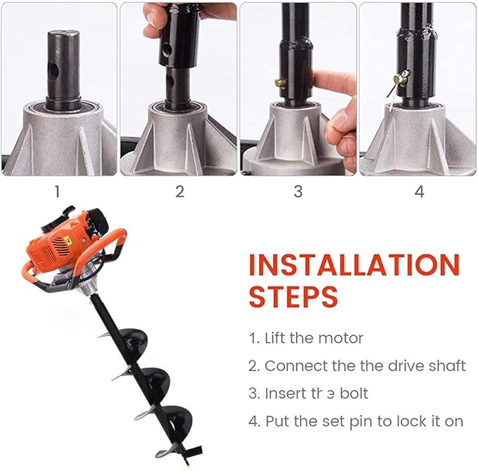 62cc Post Hole Digger 2-Stroke Petrol Gas Powered Earth Digger with 3 Auger Bits (3" 5" 8") + 3 Extension Bar (24" 24" 24") for Farm Garden Plant Fence and Planting