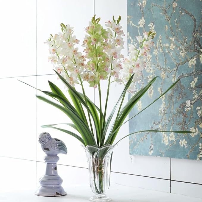 Set of 3 Real Touch Artificial Cymbidium Plants with Stems and Roots Faux Greenery Stems for Pot or Vase Faux Orchid Stems That Look Real for Indoor Home Office Farmhouse Decoration (Green)
