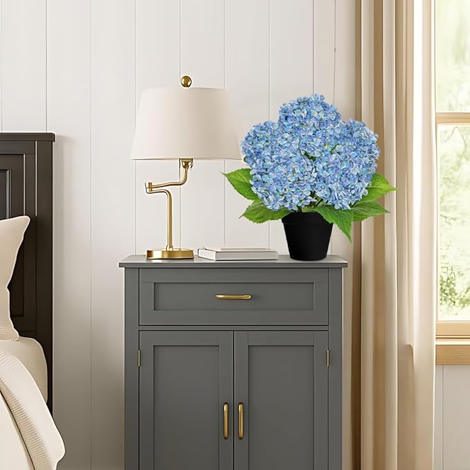 18" Hydrangea Artificial Flowers Plant in Black Plastic Pot, Fake Hydrangeas Plants for Home Office Indoor Outdoor Decor, Realistic Floral Centerpiece for Living Room & Porch Decorations, Blue