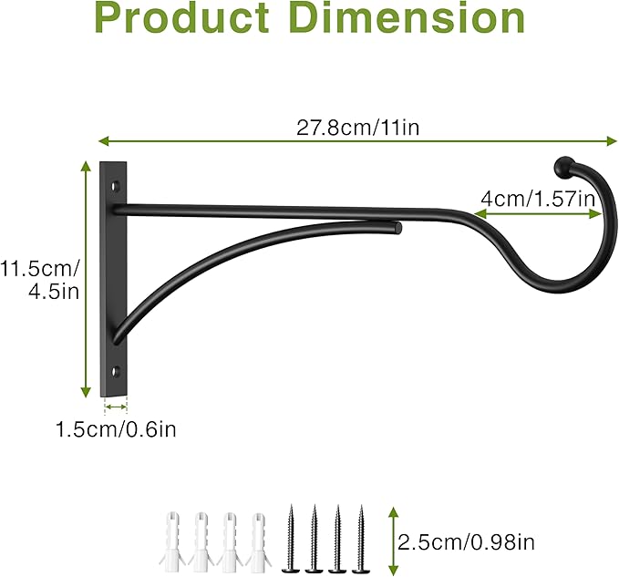 saffruff 11 Inch Heavy Duty Plant Hangers Outdoor, Metal Plant Brackets for Hanging Baskets, Plant Wall Hooks for Bird Feeders, Wind Chimes & Lanterns, Premium Metal Hooks Matte Black, 30lbs Capacity