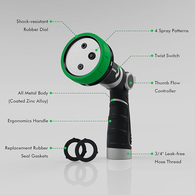 RESTMO Multi-Angle Garden Hose Nozzle with Sprinkler Function, Heavy Duty Water Hose Nozzle with 4 Spray Patterns, Magic Twist and Thumb Flow Control for Garden Watering, Car Washing & Yard, Green