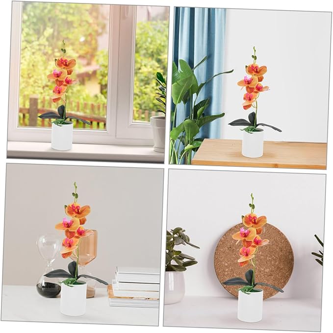 GLEAVI 2pcs Artificial Bonsai Faux Moth Orchids Potted Plant Realistic Desktop Decoration for Home and Office Orange Orchid Arrangement for Living Room and Study Decor