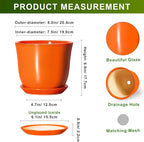Ceramic Planter - 8 Inch Plant Pot with Drainage Hole and Saucer, Modern Planters for Indoor Outdoor Plants, Round Flower Pot, Home Patio Office Decor, House Warming Gifts, Orange