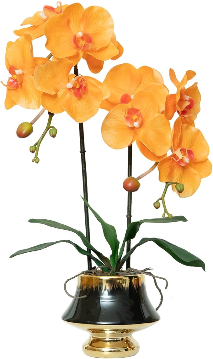 CXGS Orchids Artificial Flowers Realistic Fake Flowers in Ceramic Vase 20" Orange Faux Plants Indoor Lifelike Soft PU Phalaenopsis for Centerpiece Hotel Home Decor