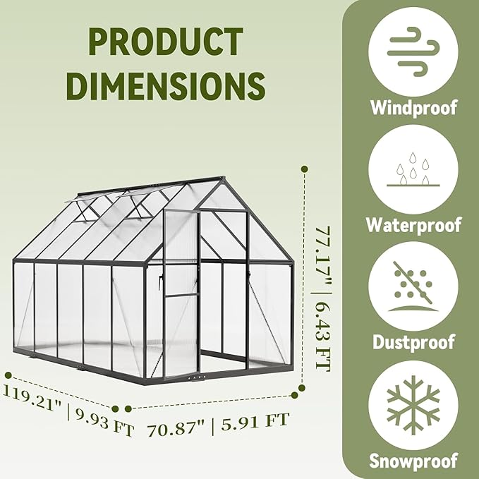 6X10 FT Greenhouse for Outdoors with Hygrometer, Polycarbonate Walk-in Green House for Outside, Reinforced Aluminum Frame Greenhouses, Heavy Duty Garden, Patio, Backyard Flower Planting