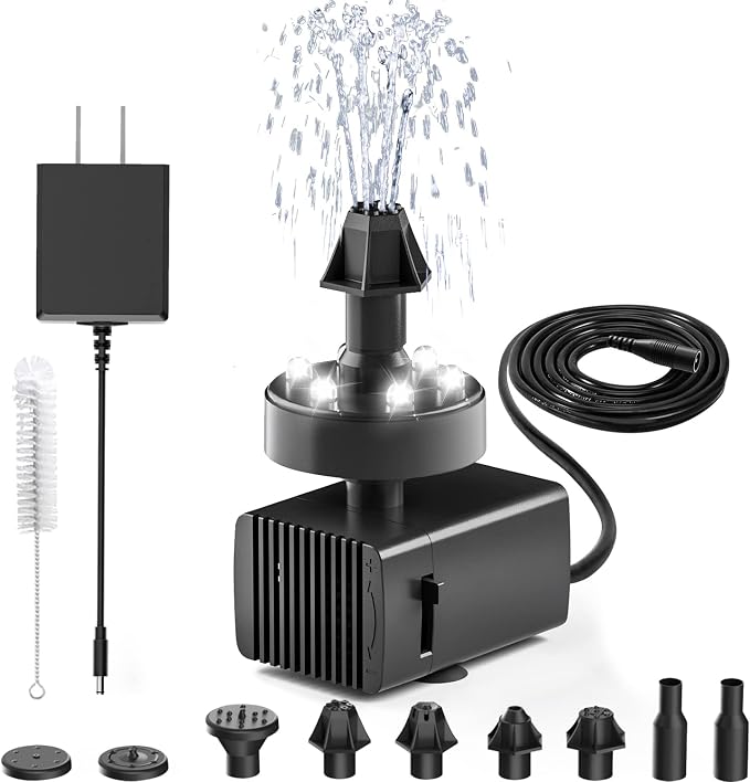 24-Hours Working Bird Bath Fountains Plug-in, Jutai Adjustable DC 12V Water Fountain Pump with LED Light for Birdbath, Garden, Small Fish Tank, Pond,16.4Ft Power Cord, Adapter Included(White)