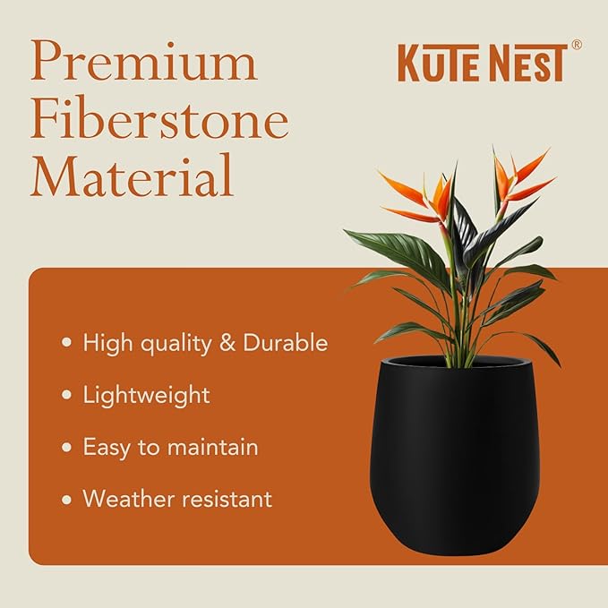 12.5" H x 11.4" D Premium Corso Fiberstone Round Tapered Planter with Drainage Hole, Weather Resistant for Indoor and Outdoor Use, Included 2 Extra Coco Mats (Black, 9" Pot Opening)