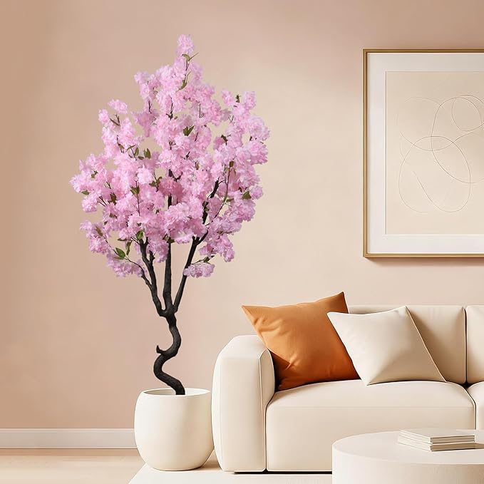 Faux Pink Cherry Blossom 5.5ft(67in) Tall Artificial Plant Indoor Decor Natural Realistic Fake Cherry Blossom Tree for Wedding Party Sakura Plant in Pot for Home Living Room,Office,Outdoor Decor