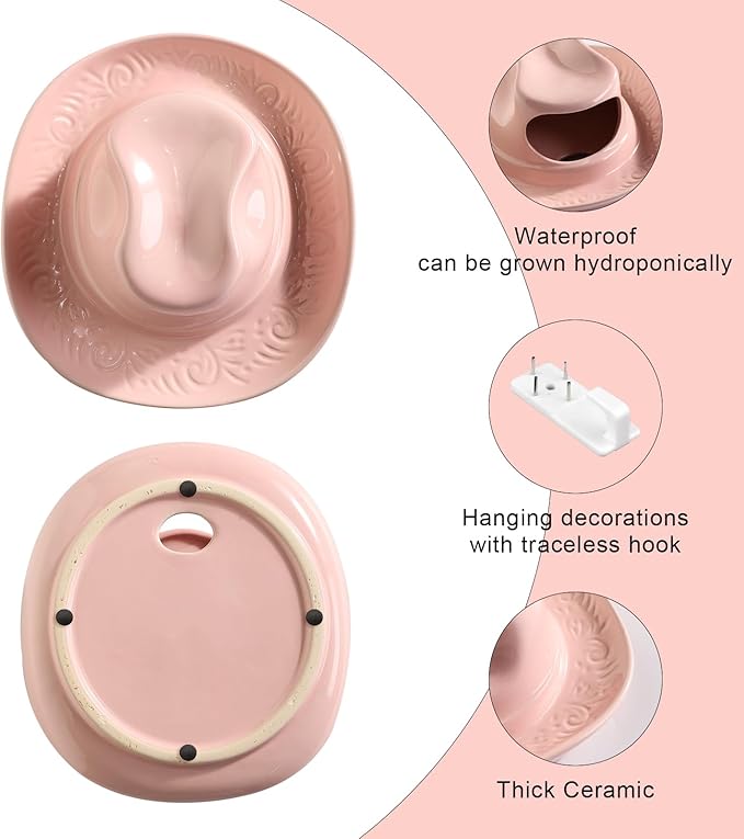 Hanging Wall Planters for Indoor Plants, Wall Vases for Flowers, Ceramic Cowboy Hat Vases for Decor, for Bathroom, Living Room, Office, and Home Decor.Light Pink Medium