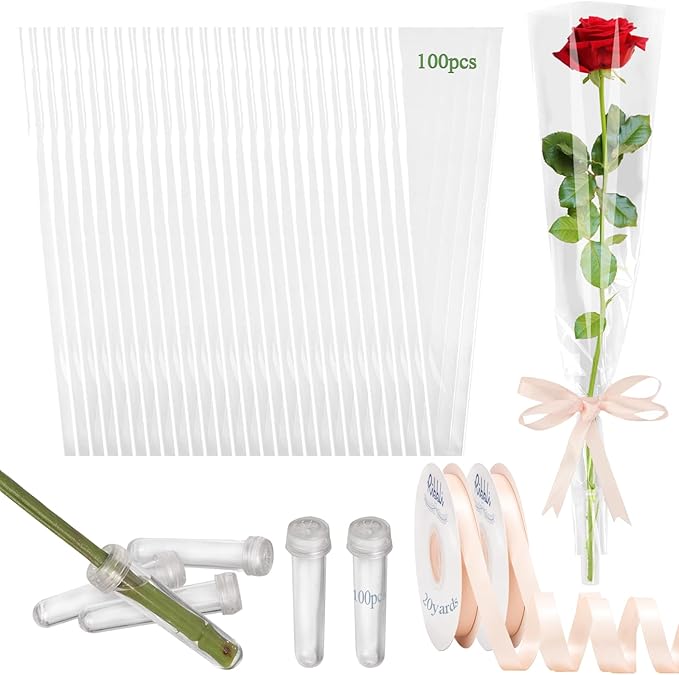AKLVBL Flower Sleeves for Bouquets 100 Pcs Clear Single Rose Sleeve with 100 Pcs Floral Water Tubes for Bouquets and 40 Yards Light Pink Ribbon for Gift Wrapping for Gift, Florist, DIY, Wedding, Festival