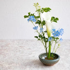 Wazakura Minoyaki Series Japanese Ikebana Essential Tool Kit with Small Round Ceramic Flower Vase and Kenzan Pin Frog for Floral Arranging - Brown & Blue Vase + 2in (61mm) Brass Kenzan