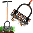 Aerator Lawn Tool - 2-in-1 Reinforced Heavy Duty Manual Lawn Aerator with 15 Spikes, Automatic Dirt and Leaf Clean Design, Adjustable T-Handle (Orange)