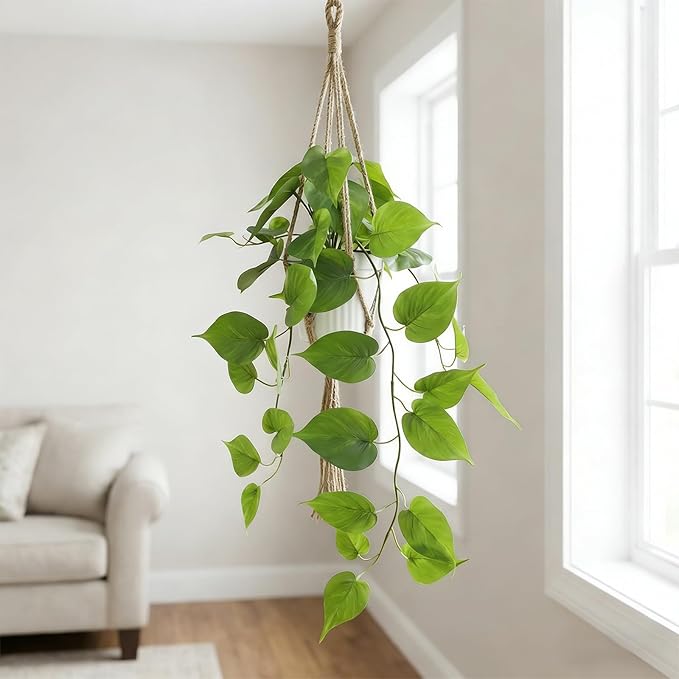 Fake Pothos Hanging Plant – Artificial Plastic Ivy Vines with White Pot, Realistic Faux Greenery for Indoor Home Office Bathroom Shelf Cabinet Decoration