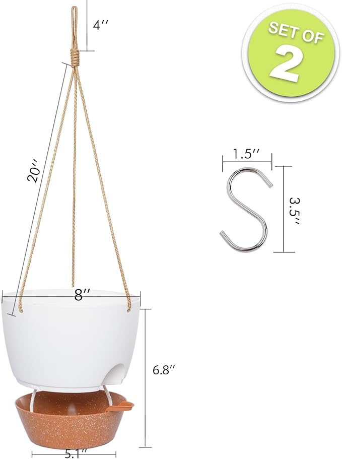 SwinDuck 8 inch Hanging Planters, 2 Pack Self Watering Hanging Pots with 20oZ Deep Reservoir for Indoor Outdoor Plants Flowers, White with Brown