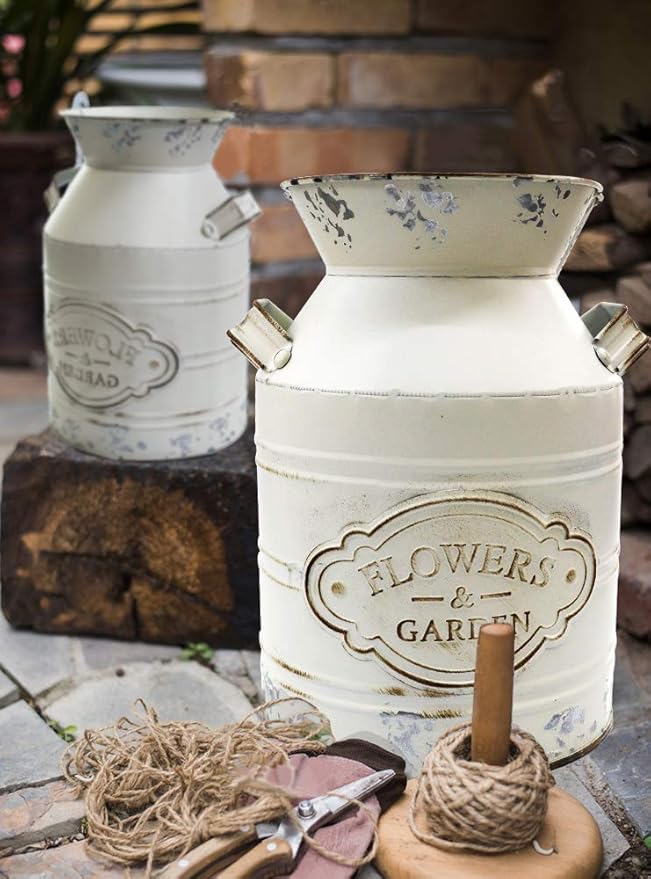 Soyizom Vintage Rustic Farmhouse Galvanized Metal Shabby Chic Flower Vase Watering Can Tin Jug French Style Bucket Pot Pitcher Flower Holder Vase with Handle for Kitchen Garden Decor —Large,9.8" H