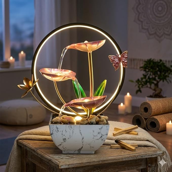 11'' H Pink Indoor Desktop Tableop Fountain Decoration, Small Fountain with LED Lights for Meditation and Zen Water Scenery, Spring Day Decor
