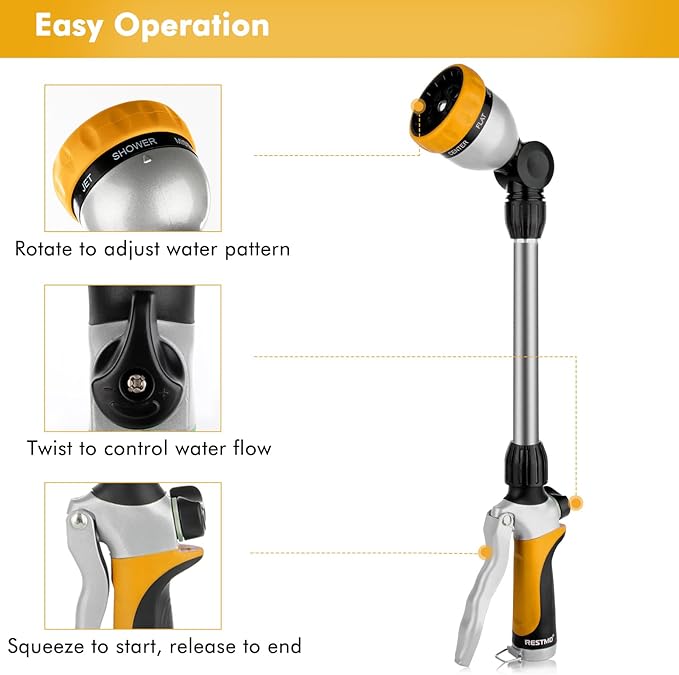 RESTMO Metal Watering Wand, Heavy Duty Garden Hose Wand with 180° Swivel Ratcheting Head, 16'' Hose Nozzle Sprayer with 7 Spray Patterns and Flow Control, for Water Hanging Baskets and Shrubs, Yellow