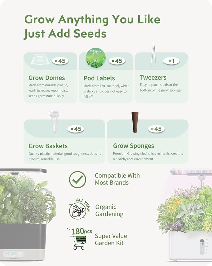 URUQ 180Pcs Hydroponic Pods Supplies: Grow Anything Kit with 45 Grow Sponges, 45 Grow Baskets, 45 Grow Domes, 45 Pod Labels - Compatible with Hydroponics Growing System Indoor Garden from Most Brands