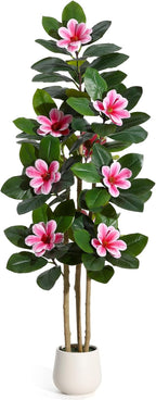 GarveeHome Faux Rubber Tree, 60 Inch Artificial Plants Indoor with Real Touch Leaves and Multi Trunks, Artificial Tree Fake Potted Plants with Pink Flowers for Home Decor Office Living Room