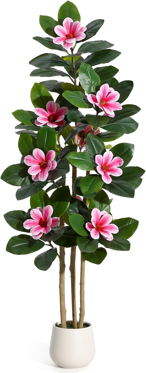 GarveeHome Faux Rubber Tree, 60 Inch Artificial Plants Indoor with Real Touch Leaves and Multi Trunks, Artificial Tree Fake Potted Plants with Pink Flowers for Home Decor Office Living Room