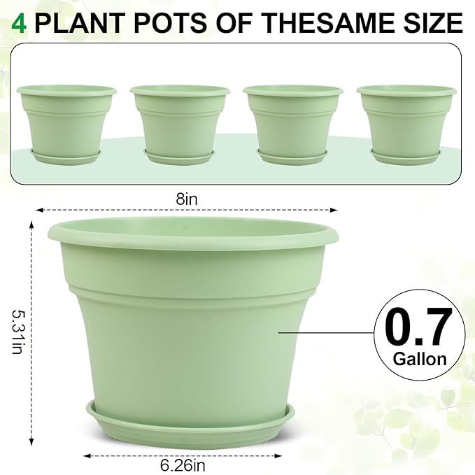 Pottiffe 8 Inch Plastic-Flower Pot-for-Indoor Plants, 4 Pack Large Outdoor Planter Pot with Drainage Holes & Saucers, Resin Decorative Garden Pots Planters