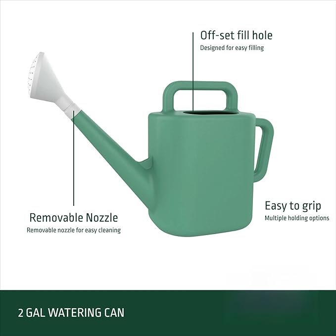 2 Gallon Resin Watering Can Green Lily – Top & Side Dual Handle for Easy Carry & Pour, Offset Opening Mess-Free Refill, Sturdy Garden Watering Can for Indoor & Outdoor Plants