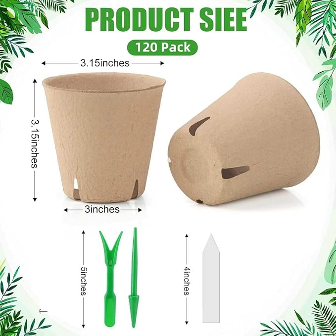 Baxrou 120 Pack 3.15 Inch Peat Pots Plant Starters for Seedling, Herb Seed Starter Pots Kits, Garden Germination Nursery Pot wit 30 Plant Labels, 2 Transplant Tools.