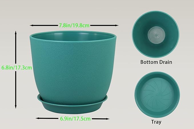 8 Inch Plant Pots Set of 4, Plastic Planters with Drainage Holes and Tray, Flower Pots for Indoor Outdoor Plants and Flowers (Multicolor)