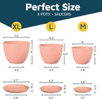 Pink Plant Pots with Drainage Holes & Saucers 3 Pack, Indoor & Outdoor Stackable Space-Saving Planters for Houseplants & Flowers, (7", 6.7", and 6" Inches), Durable & Weatherproof Materials