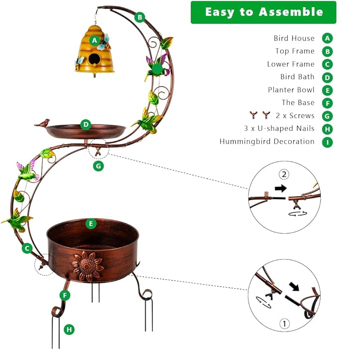 DREAMSOUL Bird Bath with Flower Planter, Vintage Copper Birdbath with Bird House, Metal Bird Bath for Outside Garden Yard