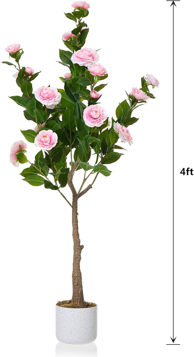 Garvee 4FT Artificial Camellia Tree 2 Pack, Faux Camellia Plant with White Planter and 24 Pink Flowers, 47" Fake Potted Flower Trees for Home and Office Decor, Pink