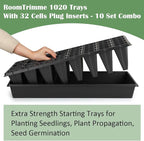 RooTrimmer 10 Pack 1020 Trays No Holes and 10 Pack 4.3" Deep 32 Cell Seed Starter Trays, 20" x 10" - Heavy Duty Plastic Nursery Flats for Seed Germination & Plant Propagation (10 Sets)