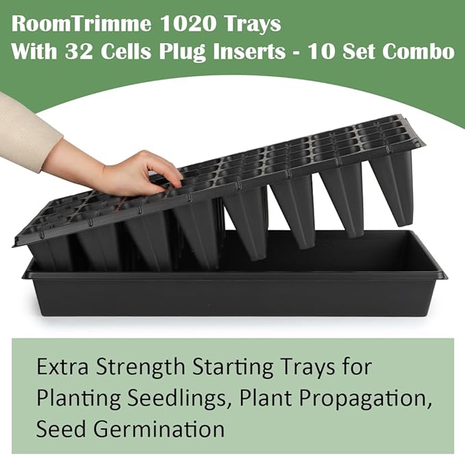 RooTrimmer 10 Pack 1020 Trays No Holes and 10 Pack 4.3" Deep 32 Cell Seed Starter Trays, 20" x 10" - Heavy Duty Plastic Nursery Flats for Seed Germination & Plant Propagation (10 Sets)