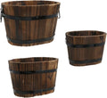 MY MIRONEY 3PCS Wooden Planter Barrel Set Vintage Style Wood Bucket Rustic Garden Flower Plant Pots Container with Metal Handles, Oval, Small, Medium & Large