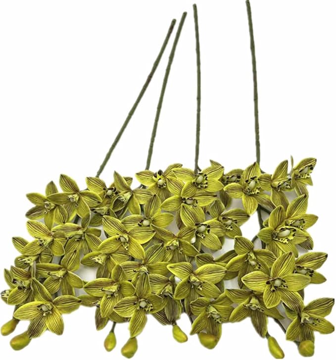 4pcs Artificial Cymbidium Orchid Flower Plant 3D Print Vanda 10 Heads Latex Phalaenopsis Flower (Light Green)
