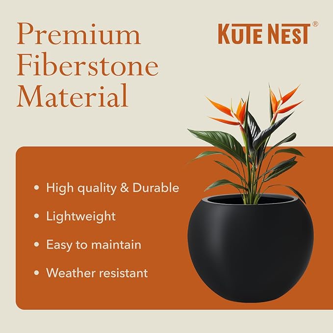 12.8"H x 16"D Premium Globo Fiberstone Round Planter with Drainage Hole, Smooth Finishes, Weather Resistant for Indoor and Outdoor Use, Included 2 Extra Coco Mats (Black, 10.7" Pot Opening)