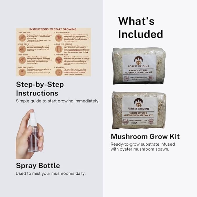 Forest Origins White & Brown Oyster Mushroom Grow Kit 2-Pack Variety - Beginner Friendly & Easy to Use, Grows in 10 Days | Handmade in California, USA | Top Gardening Gift, Holiday Gift & Unique Gift