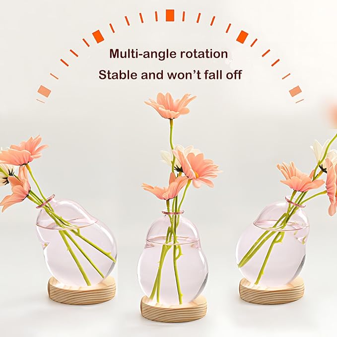 Plant Propagation Station Glass Planter Terrarium Jar with Wooden Stand Adjustable, Unique Flower Vase for Hydroponic Plants Cuttings, Plant Lover Gifts Home Boho Decor (Pink)