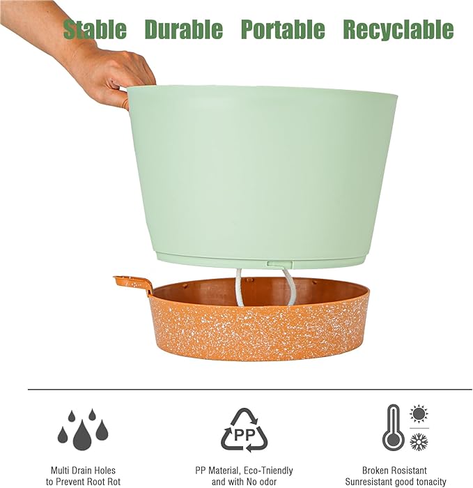 SwinDuck 12inch Large Self Watering Plant Pot, Plastic Cylinder Planter with 60Oz Deep Reservoir and Saucer for Indoor Outdoor Plants Flowers Houseplants, Green with Brown