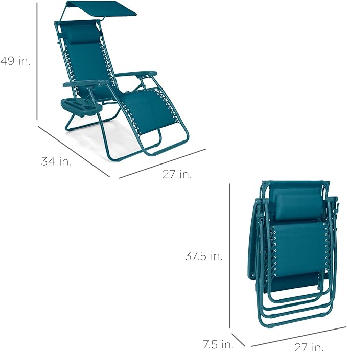 Best Choice Products Folding Zero Gravity Outdoor Recliner Patio Lounge Chair w/Adjustable Canopy Shade, Headrest, Side Accessory Tray, Textilene Mesh - Peacock