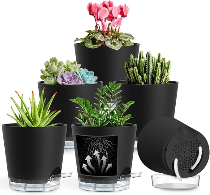 Self Watering Pots for Plants, 2026 New Flower Plant Pots with Drainage Holes, Wicking and Clear Reservoirs for Succulent, Aloe, Cacti and Others - 6 Pack (Black, 5")