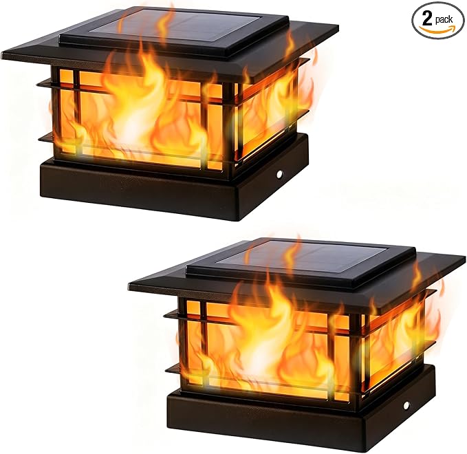 Dynaming 4x4 Solar Post Cap Lights Outdoor with Flickering Flame Light, Black Shell Fence Post Solar Lights Fit 4x4 Vinyl/Wooden Posts, Brightness LED Lighting Decor for Garden Deck Patio, 2 Pack
