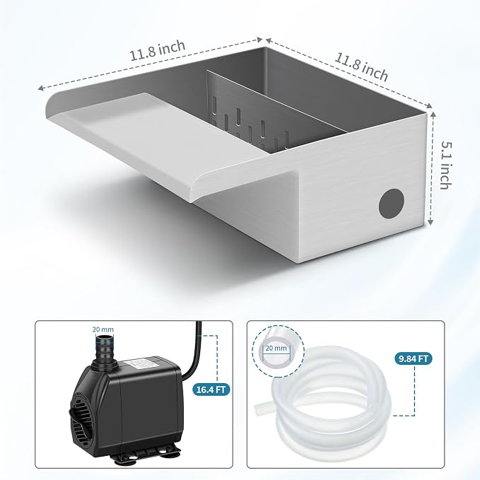 Pond Waterfall Spillway Kit with Filter Media & 800 GPH Pump, 304 Stainless Steel Waterfall Box, 9.8FT Hose, Complete Pond Kit for Outdoor Ponds, Koi Ponds, Fountain (11.8"L x 12"W x 5.1"H)