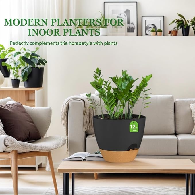 ZMTECH 12Inch 2Pcs Plant Pot Planter for Indoor Plants Self Watering Flower Pots with Drainage Holes and Saucer for Outdoor Plants(Grey with Brown)